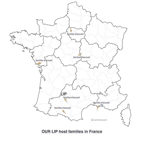 Mappa raffigurante la distribuzione delle famiglie ospitanti di LIP in Francia